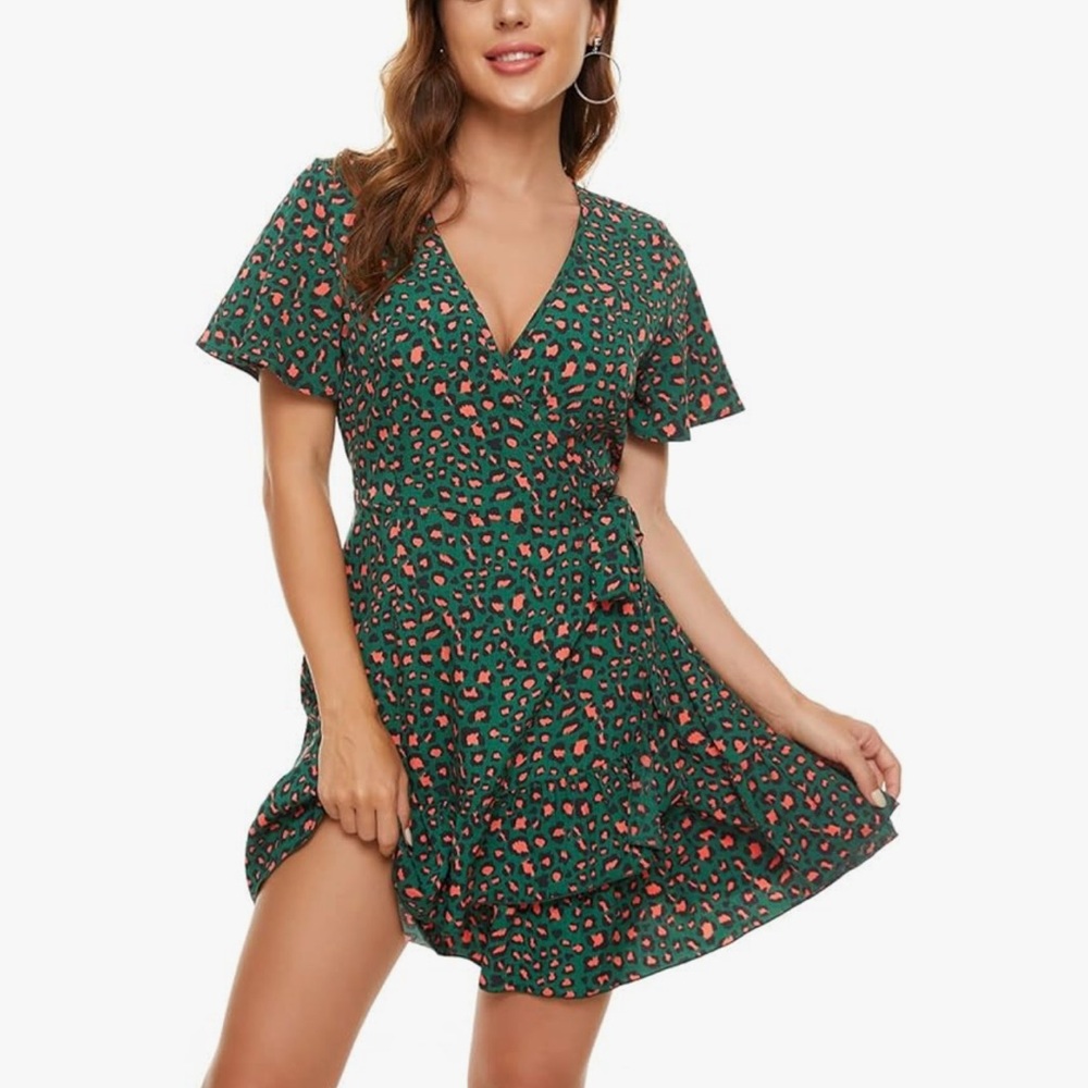 Green and Orange Leopard Print Wrap Dress
